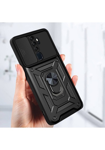 Oppo A5 2020 Kılıf Magnetik Standlı Kamera Korumalı Zore Sürgülü Vega Kapak Siyah