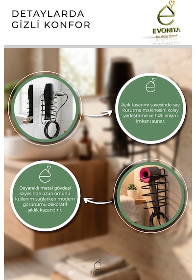 Yapışkanlı Saç Kurutma Makinesi Askısı Mat Siyah Metal Fönlük Delmeden Montaj Banyo Organizer
