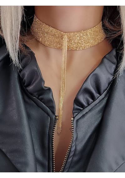 Eva Takı Store 15 Sıralı Zincir Dokuma Sallantılı Vücut Tasma Choker Gold El Yapımı Kolye Gold
