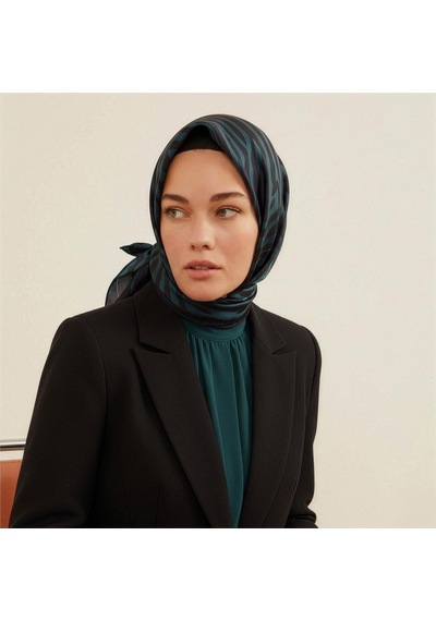 İpekevi Twill İpek Eşarp - Makro Zebra Desenli - Çam Yeşili Çam Yeşili