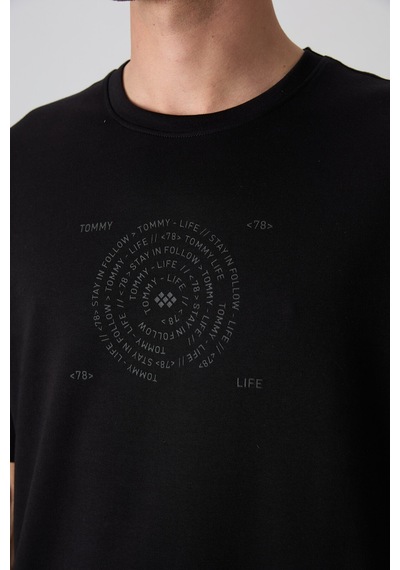 Tommy Life Siyah Pamuklu Kalın Yumuşak Dokulu Oversize Fit Baskılı Erkek T-shirt - 88324 Siyah