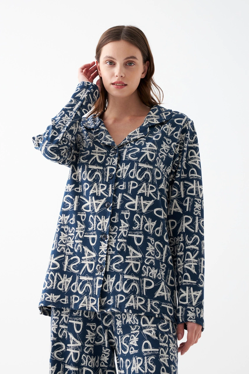 Akbeniz Kadın Lacivert Paris Yazı Desenli Düğmeli Pamuklu Pijama Takımı Lacivert