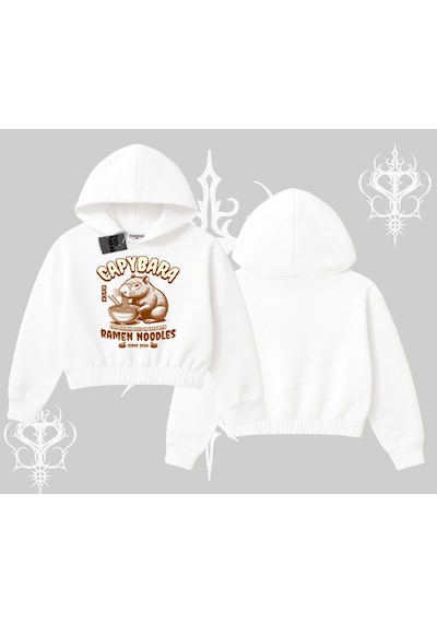 Startmore Kapşonlu Crop Sweatshirt Cute Capybara Enjoying Ramen Noodles Artwork Beyaz