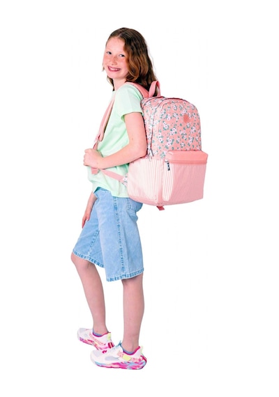 Kaukko Soft Floral Kız Çocuk Üç Bölmeli Somon Çiçek Ve Çizgi Desenli Okul Sırt Çantası - K1795 Somon