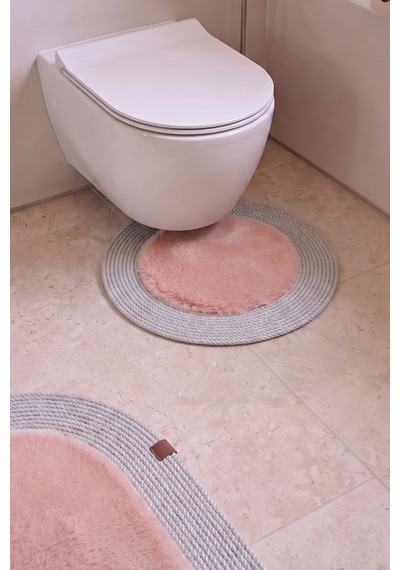 Banyo Paspası Takımı 60x100+60x60 Cm Düz Pembe & Gümüş