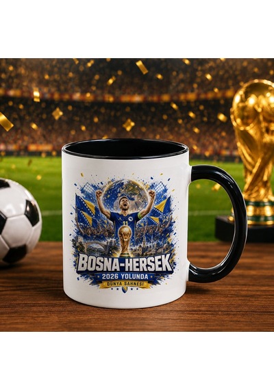 Bk Gift Bosna-hersek Taraftar Temalı Dünya Futbol Kupası Tasarımlı Siyah Kupa Bardak-3 Beyaz