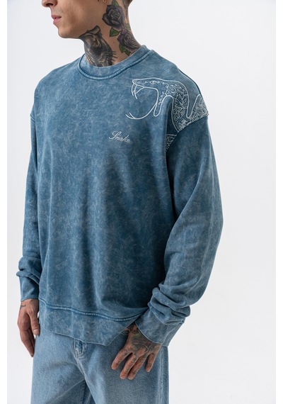 Respire Erkek Snake Nakışlı Yıkamalı Bisiklet Yaka Oversize Sweatshirt Petrol