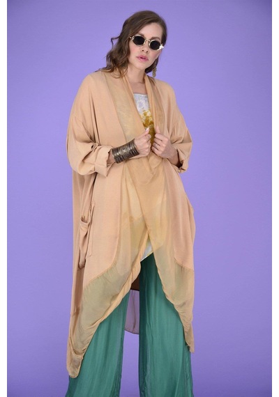 Eren Style Italyan Ipek Detaylı Oversize Kaftan & Bluz-8711 Açık Camel