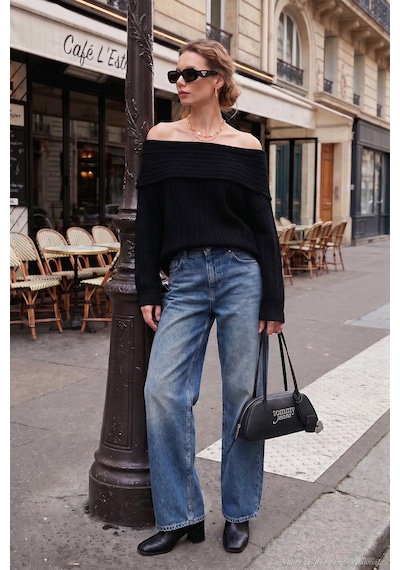 Lela Oversize Fit Madonna Yaka Triko Bayan Kazak 4615216 Siyah