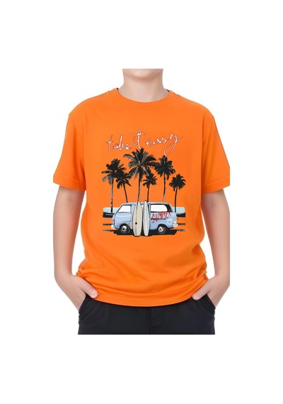 Panios Kids Summer Van Baskılı Erkek Çocuk Yuvarlak Yaka Kısa Kollu T-shirt Turuncu