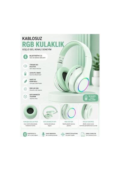 P101 Bluetooth Kulaklık 5.3 Wireless Headphone Şarjlı Kulaküstü Kulaklık Rgb Led Işıklı Fm Radyo Sd Kart Aux Girişli Mikrofonlu Type C Şarj