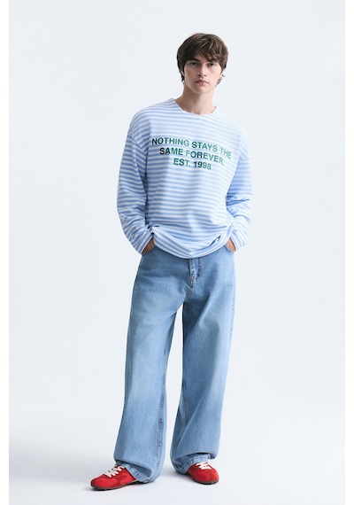 Vamos Oversize Çizgili Sweatshirt Ekru-bebe Mavi