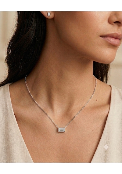Kadın Moissanite Dikdörtgen Taş Detay Gümüş Kolye
