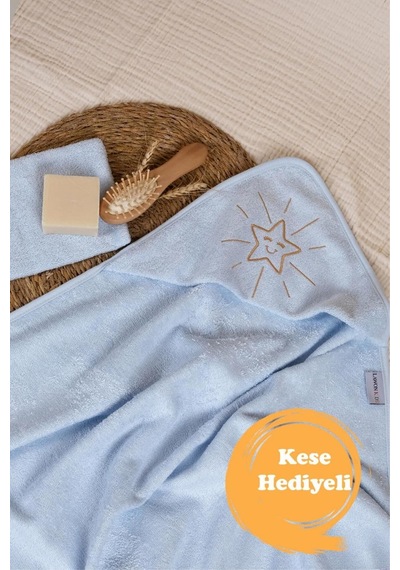 Kids Bambu Yıldız Nakışlı Ve Kese Bebek Havlu Kundak Bebe Mavisi 0 - 36 Ay