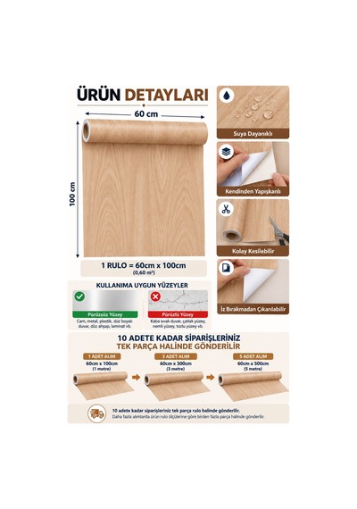 Deconitte Premium Kendinden Yapışkanlı Doğal Açık Meşe Ahşap Desen Mobilya Dolap Masa Tezgah Kaplama Folyosu 60x100cm