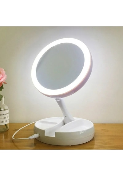 10x Büyütmeli Led Işıklı Katlanabilir Çift Taraflı Makyaj Aynası Usb& Pil İle Çalışır Beyaz
