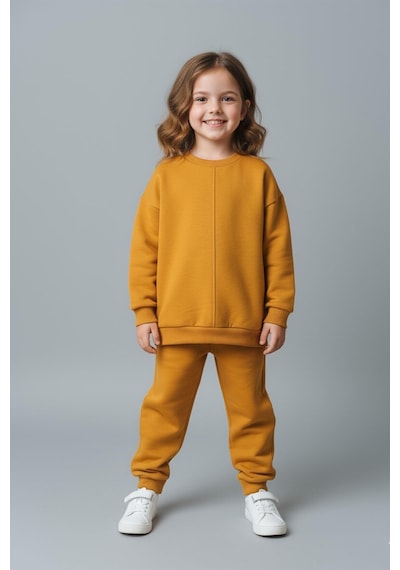 Luess Unisex Çocuk Dikiş Detaylı 3 İplik Hardal Alt Üst Takım Hardal