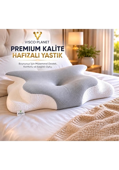 Visco Planet Ortopedik Visco Boyun Yastığı Memory Foam Boyun Destekli Ergonomik Uyku Yastığı 62x42x13/10 Cm Genel