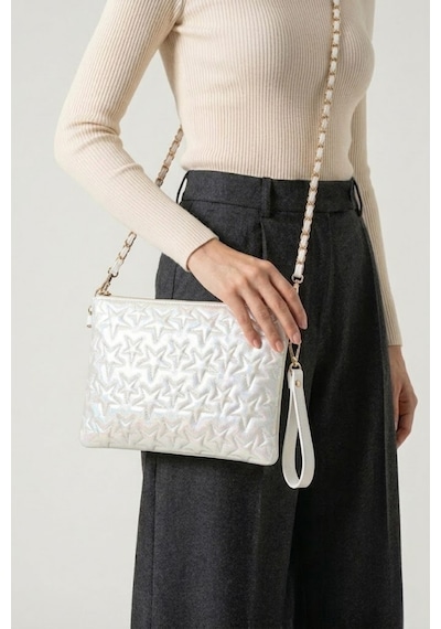 Gl-003 Yıldız Dikişli Kadın El Çantası Clutch Çanta Omuz Çantası Çapraz Çanta Pörtföy Çanta Beyaz
