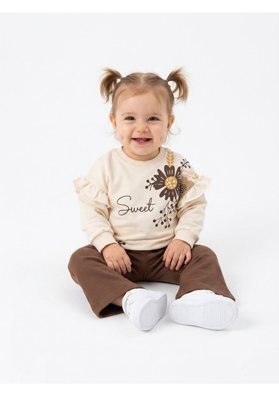 HelloBaby Pamuklu Fırfır Ve Çiçek Detaylı 2li Kız Bebek Takım Kahverengi