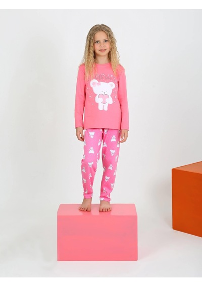 Kız Çocuk Uzun Kollu Fiyonklu Ayıcık Model Pijama Takımı Fuşya