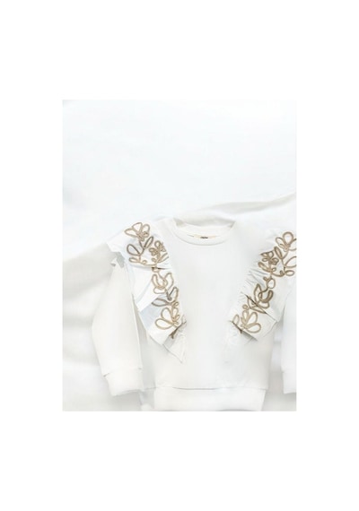 Kız Çocuk Pamuklu Orta Kalınlık Omuzları Fırfırlı Ve Nakışlı Sweatshirt-14447 Ekru