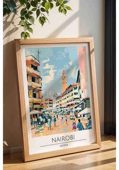 Kenya Nairobi Temalı Çerçeveli Tablo Travel Serisi Modern İllüstrasyon Şehir Duvar Dekoru Kayın