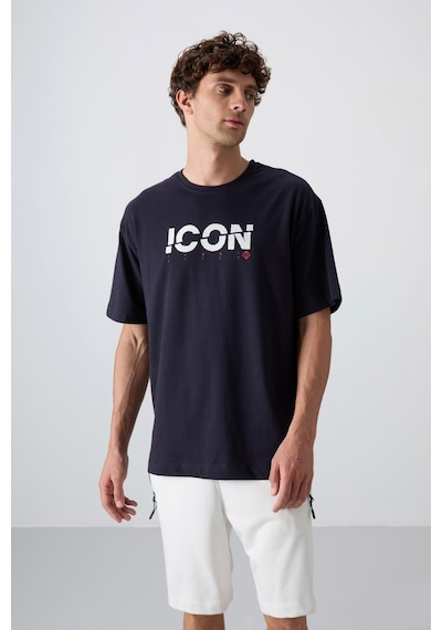 Tommy Life Lacivert Pamuklu Kalın Yumuşak Dokulu Oversize Fit Baskılı Erkek T-shirt - 88331 Lacivert