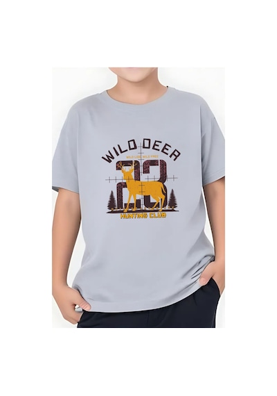 Panios Kids Hunting Club Baskılı Erkek Çocuk Yuvarlak Yaka Kısa Kollu T-shirt Gri