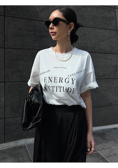 Adrift Energy Baskılı Oversize Kalıp Unisex T-shirt Beyaz