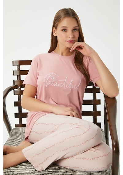 Ritnice Kadın Beautiful Yumuşak Doku Pudra Bisiklet Yaka Kısa Kollu Alt Üst Pijama Takımı Pudra