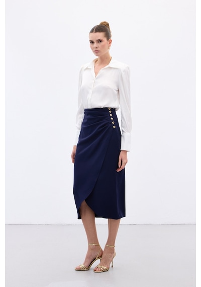 Sateen Düğme Detaylı Kalem Etek - Lacivert-136779 Lacivert