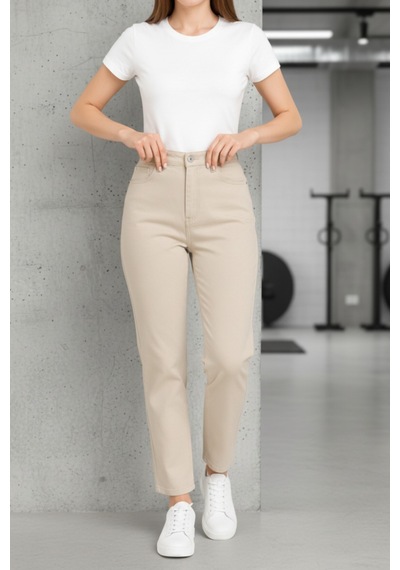 Woddi Kadın Jeans Krem Mom Jean Yüksek Bel Denim Kot Pantolon