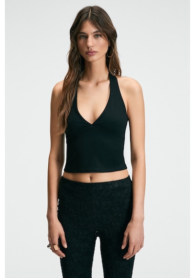 Grimelange MORIENNE Kadın Halter Yaka Kalın Askılı Sırtı Açık Crop Siyah Bluz