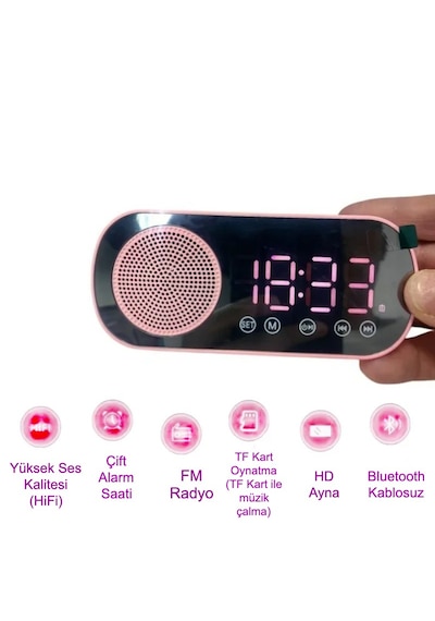 Akıllı Çalar Saat Fm Radyo Bt Modu Çift Alarm Şarj Edilebilir Pil Ve Parlaklık Ayarlı Tasarım Pembe