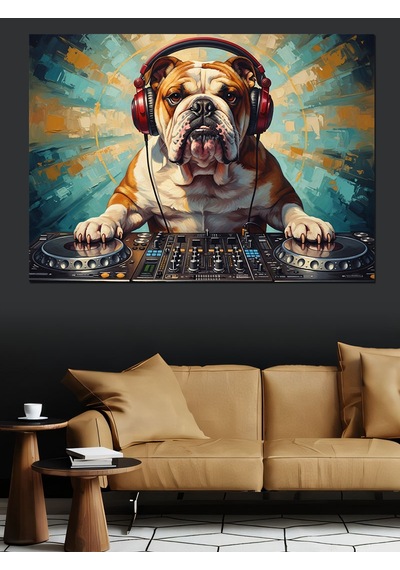 Dj Seti Başında Kulaklıklı Bulldog Dekoratif Kanvas - Mdf Ahşap Tablo