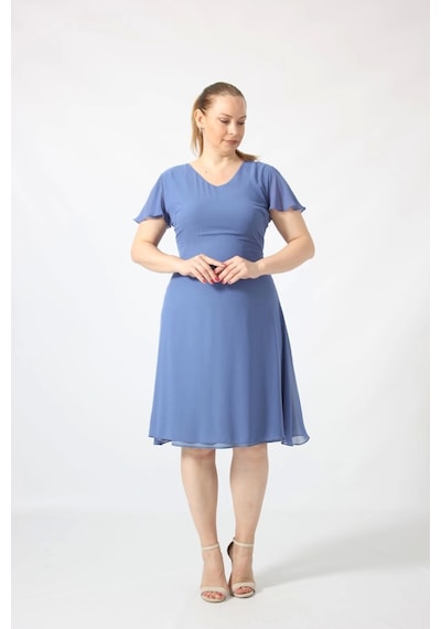 Moda Berray 3297 İndigo Kolu Fırfırlı Bele Oturan Astarlı Şifon Elbise İndigo