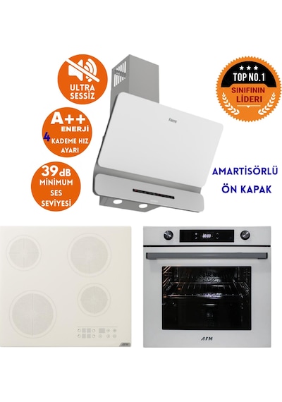 Afm Tech Ve Ferre Sessiz Rive Elektrikli Vitro Beyaz Dijital D081-SA + V6-05 + FM7701 Ankastre Set
