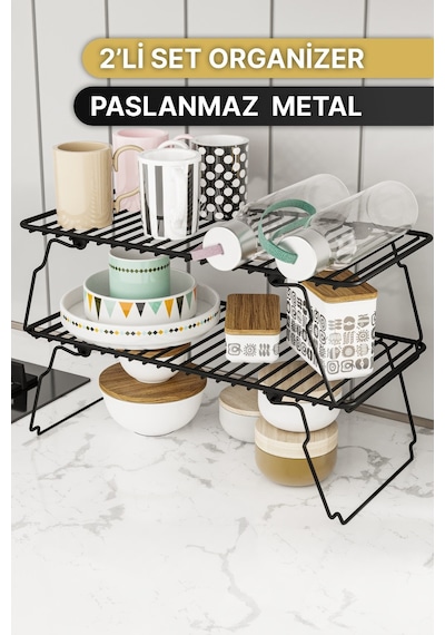 Bino Dolap İçi Düzenleyici 2 Adet Mutfak Rafı Tabak Bardak Rafı Mat Siyah Paslanmaz Metal Organizer Siyah