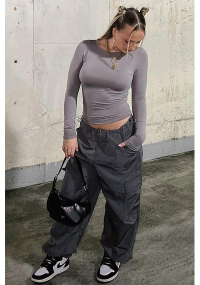 Seeh Boyalı Gri Bisiklet Yaka Basic Uzun Kollu Body Sh142
