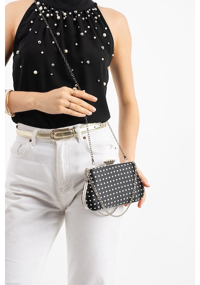 Lebibe Shoes Polkıa Siyah Saten Kumaş Puantiye Desenli Zincir Askılı Klips Kapamalı Clutch Çanta
