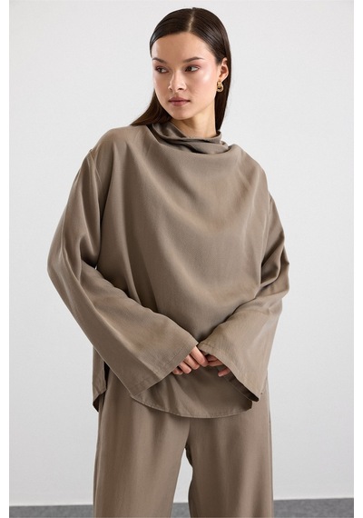 Olcay Degaje Yaka Oversize Pantolon Bluz İkili Takım Haki 9483-tk