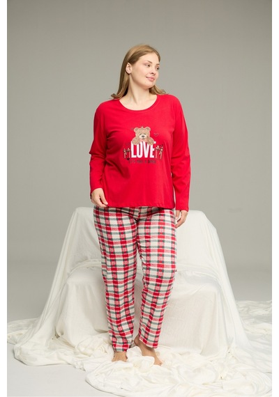 Siyah İnci Curve Büyük Beden Battal Boy Pamuklu Pijama Takım25240760 Kırmızı
