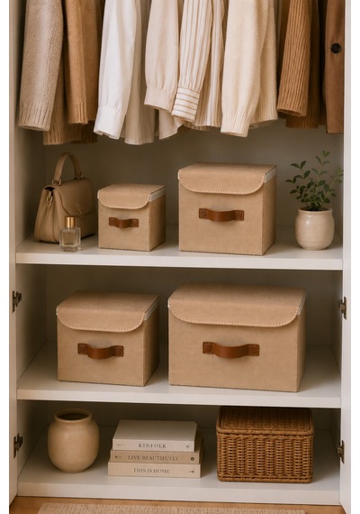 2li Kapaklı Jüt Organizer Kutu Seti 20x20x20 Cm - 25x25x25 Cm Katlanabilir Düzenleme Kutusu Organizer Seti Dolap, Raf Ve Banyo Düzeni İçin Doğal