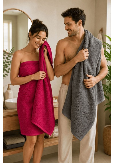 2'li Jakarlı Büyük Boy Banyo Havlusu 90x150 Cm %100 Pamuk Lorea 650 Gr Fuşya-gri