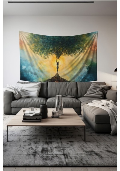 Hayat Ağacı Desenli Duvar Halısı Duvar Örtüsü Tapestry Süet Dokulu Kumaş