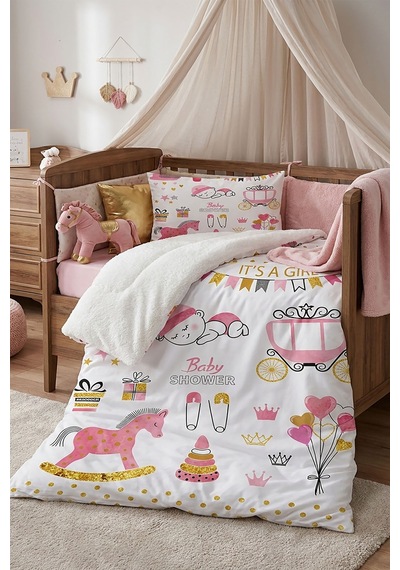 Yenidoğan Bebek %100 Pamuklu Nevresim Takımı Happy Baby Shower Pembe