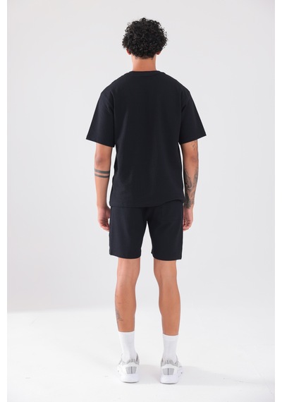 Rowinger Waffle Dokulu Oversize T-shirt Ve Şort Erkek Takım Siyah