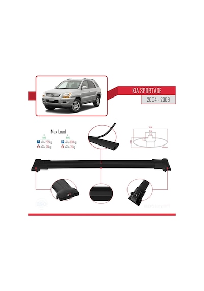 Kia Sportage 2004-2009 Arası İle Uyumlu Fly Model Ara Atkı Tavan Barı Siyah 3 Adet Bar