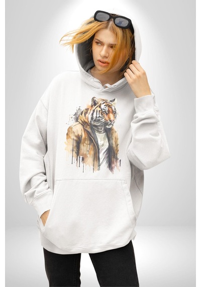 Cool Yakışıklı Kapüşonlu Spor Kaplan Kadın Erkek Beyaz Kapüşonlu Sweatshirt Hoodie Beyaz